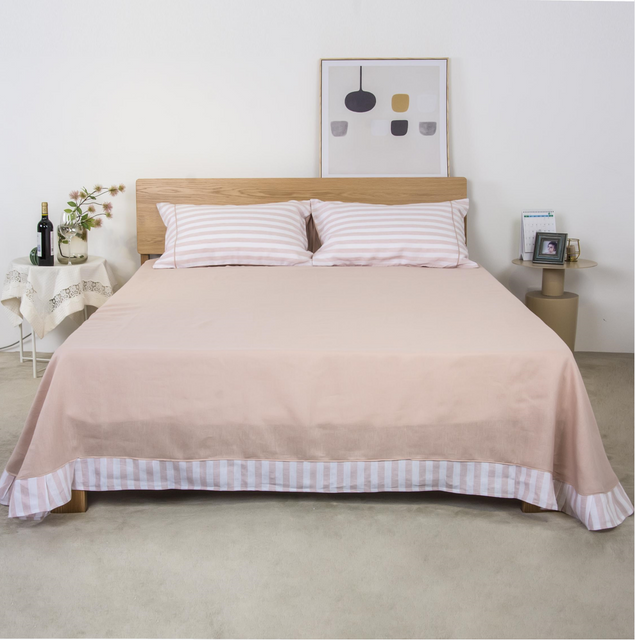 Yarn-Dyed 100% French Linen Pink Striped Ruffled Bed Sheet Set