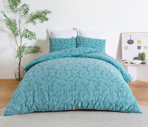 3-Piece Bedding Set 100% Cotton Plain Jacquard Bed Sheets Leaf Pattern Jacquard Quilt Cover Set
